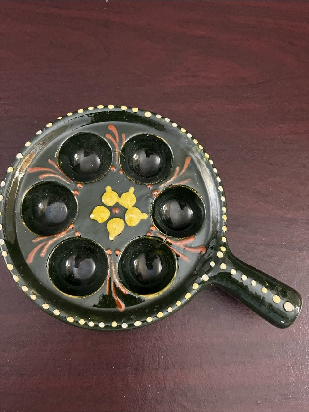 Vintage Hand Painted Ceramic Escargot Plate 6 Well Yellow Floral Pottery French
